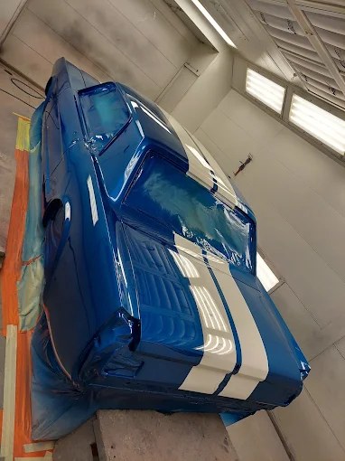 Finished blue striped specialty vehicle