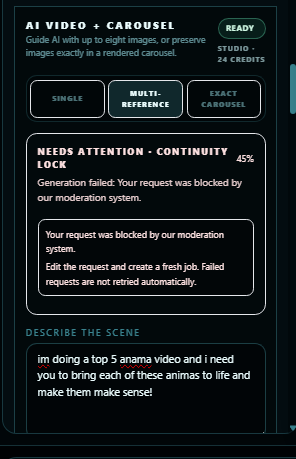 RealVideoCreator AI continuity lock moderation failure
