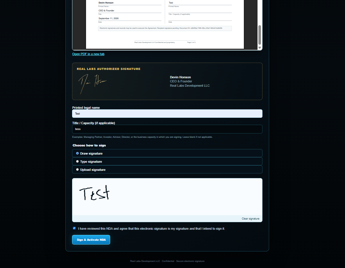 Real Labs secure NDA signing workflow