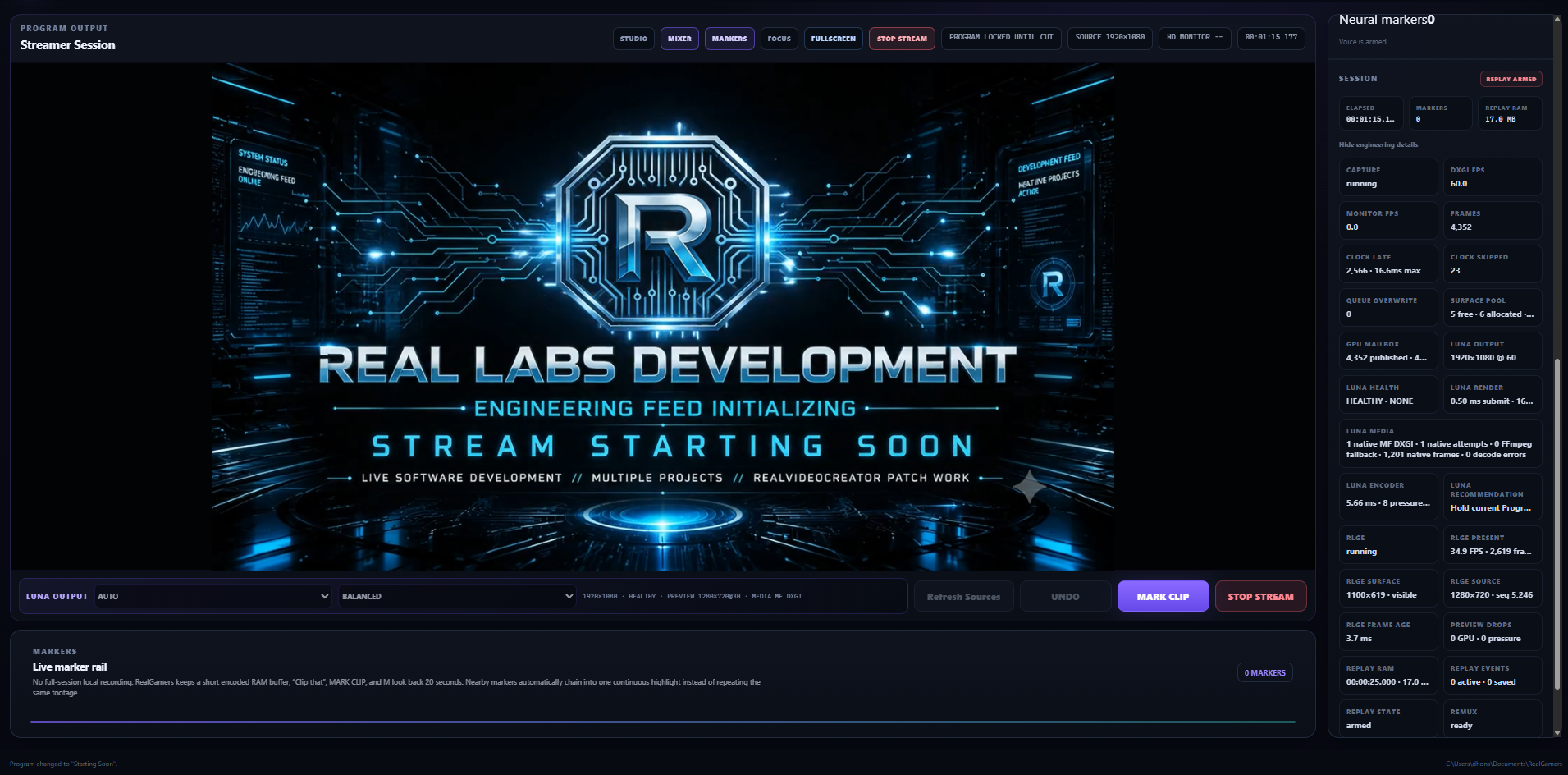 Real Gamers live Program Output and LUNA telemetry